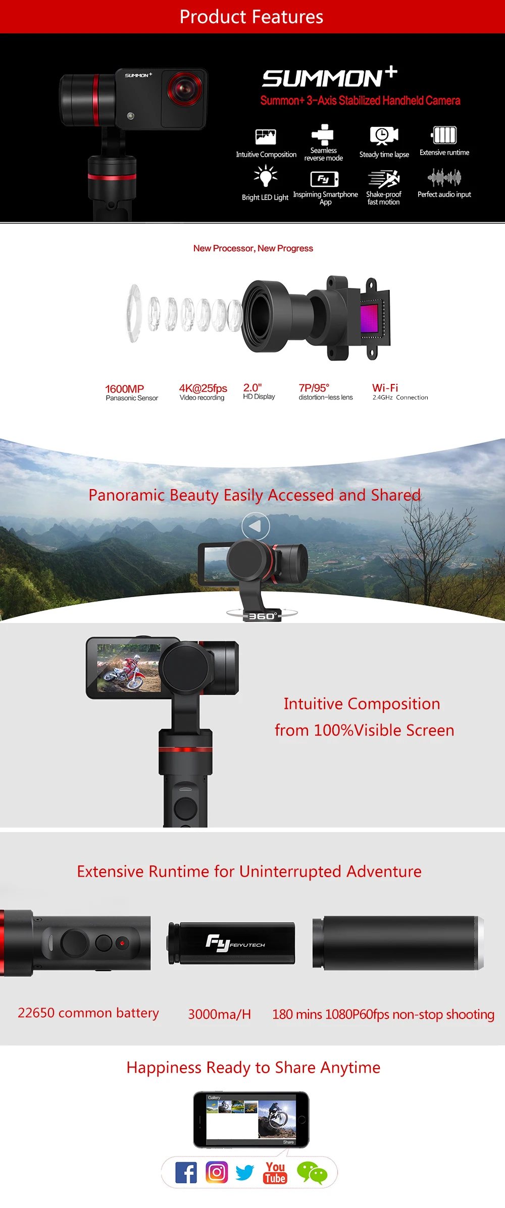 Feiyutech fy-Summon Plus 3-осевой Ручной Бесщеточный Gimbal стабильзатор Камеры Стабилизированный 4 К 1080 P Действий Камеры 16 Мегапикселей 2.0 Дюймов HD Дисплей