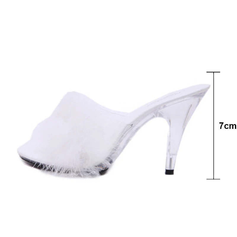 Пикантные вечерние модельные туфли на меху босоножки на прозрачном каблуке 7 см, 10 см большие размеры 40-45, босоножки на высоком каблуке с перьями, AWS122 - Цвет: White 7cm