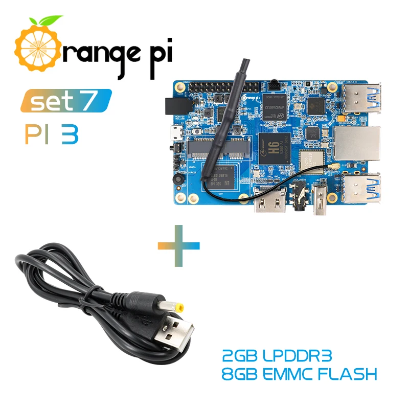 Оранжевый Pi 3 Set7: OPI 3+ USB к DC 4,0 мм-1,7 мм кабель питания, H6 2 Гб LPDDR3+ 8 Гб EMMC BT5.0 для Android 7,0, Ubuntu, Debian