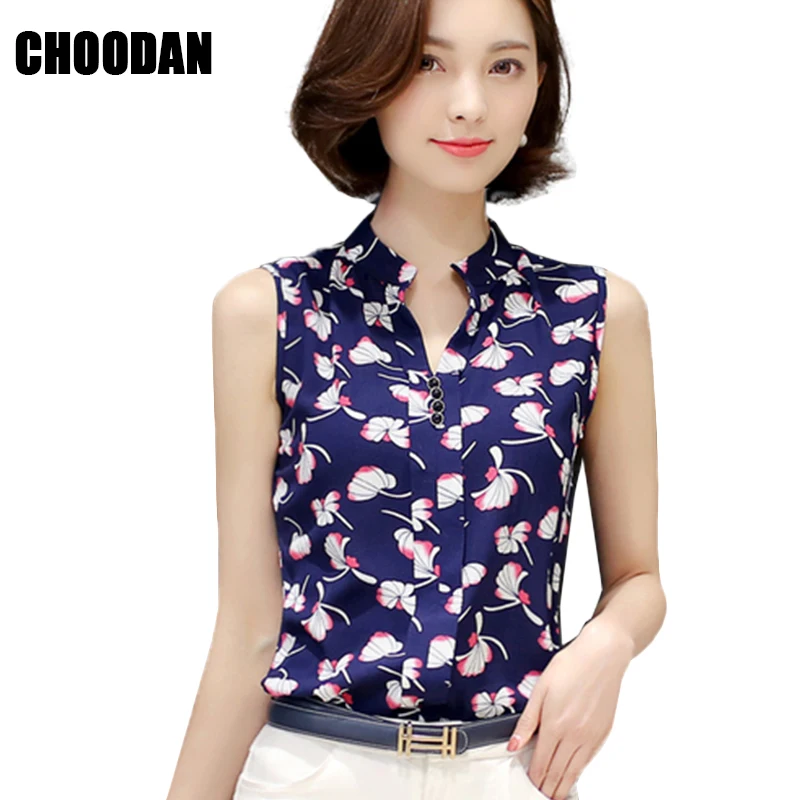 Summer Tops For Women 2018 Sleeveless Blouse Shirt Ladies Chiffon Blouses Female New Stand Collar Print Korean Fashion Clothing |