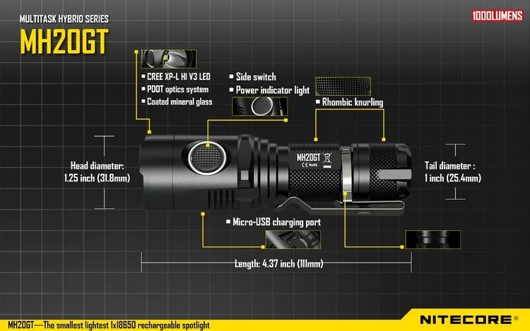 NITECORE MH20GT 1000 люменов CREE светодиодный светильник фонарь водонепроницаемый светильник-вспышка с 18650 перезаряжаемой литий-ионной батареей