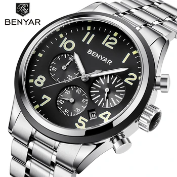 

Relogio Masculino BENYAR Fashion Stainless Steel Watch Mens Top Brand Luxury Chronograph Sport Quartz Wristwatch Military Clock