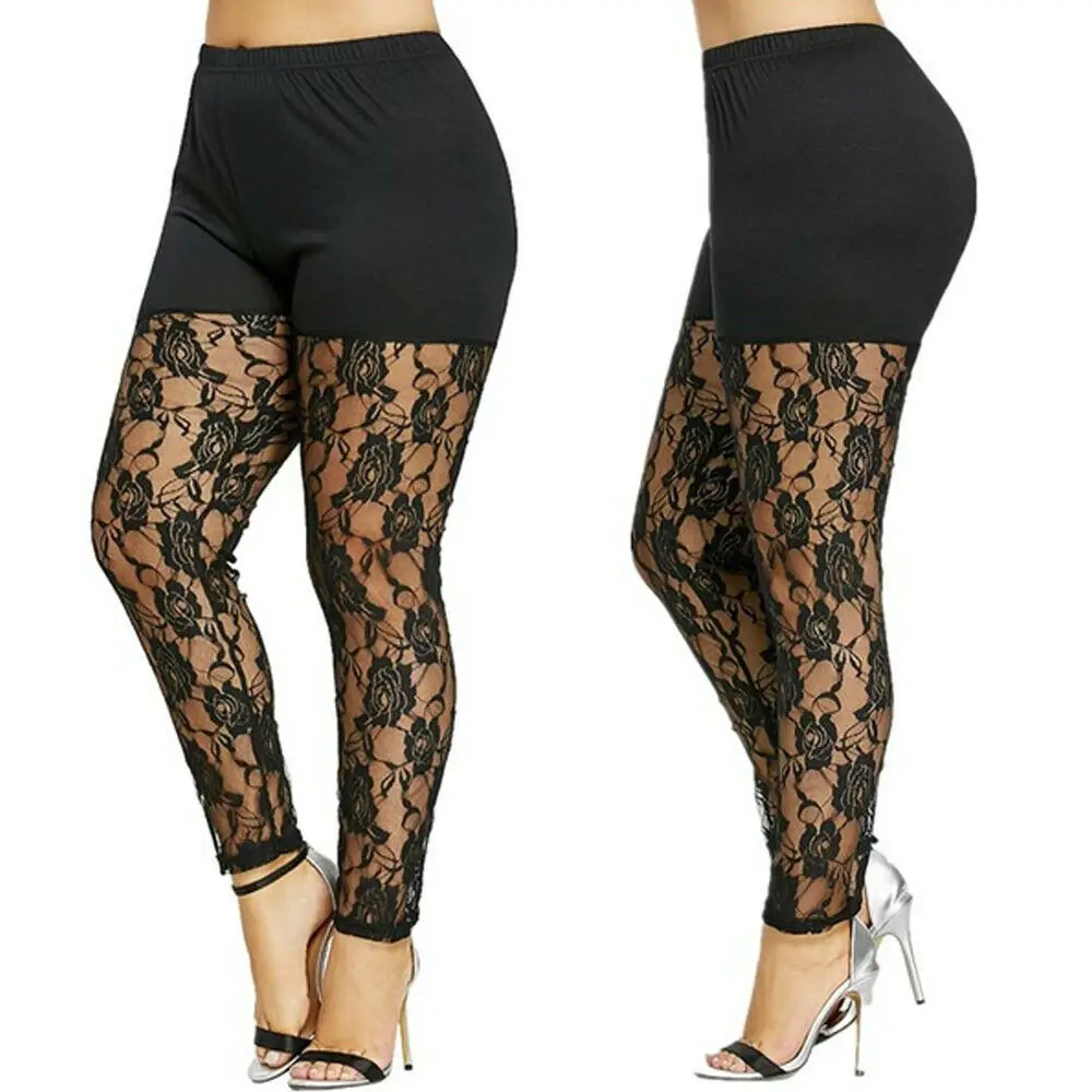 

Fashion Women's Lace High Waist See Through Hollow Out Skinny Floral Legging Pants Trousers Plus Size Black Blue Red