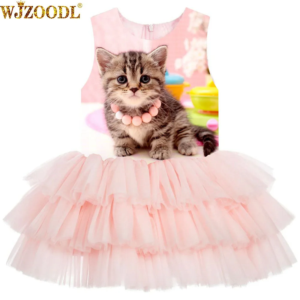 

Girl Birthday Party Dress Girls For Wedding The cat with the necklace print Formal Princess Ball Gown Kids fashion dresse