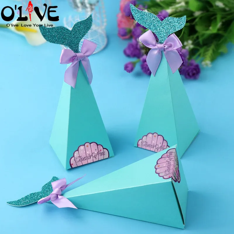 

20 Pcs Mermaid Triangles Gift Bag Candy Box Bow Baby Shower Birthday Sweet Packaging Box Paper Bonbonniere Wedding Party Favors