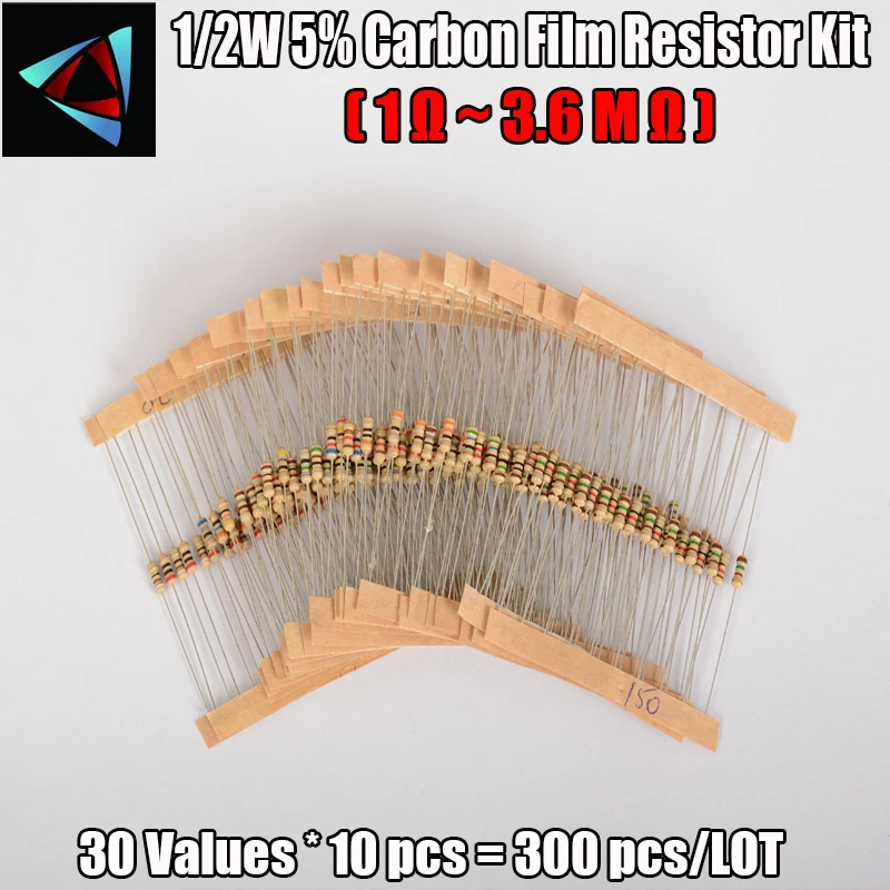 

Hot Sale 300pcs 30value Rang 1ohm-3.6Mohm 1/2W 5% Carbon Film Metal Resistors Assortment Kit Set NEW 30 Values Resistor