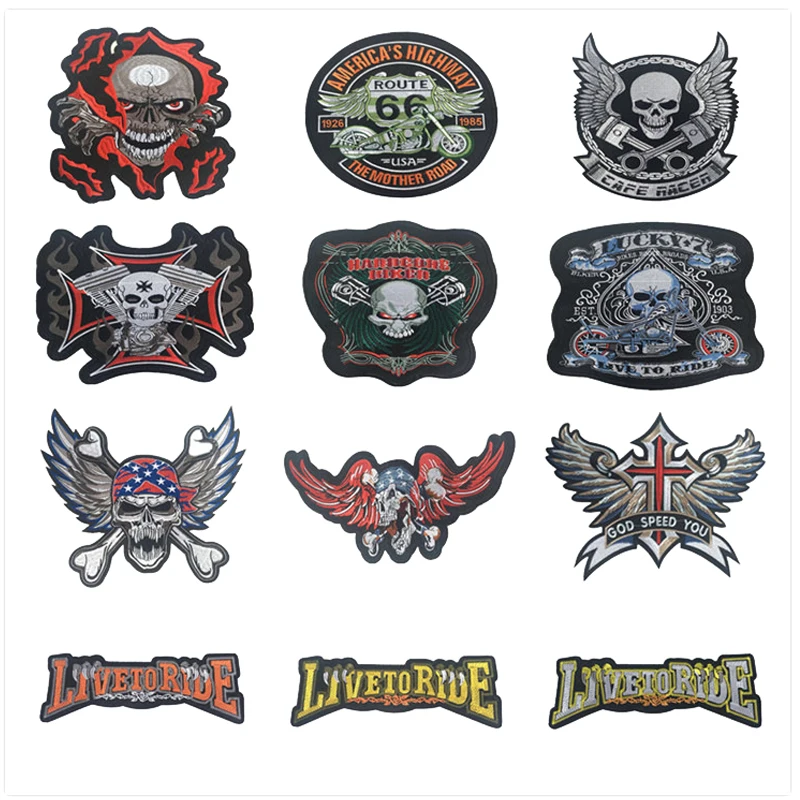 

XICC 2019 Skull Preppy Look Big Size Embroidery Iron On Patches Large Cool Motor Biker Rock Stickers Badge Appliques For Clothes