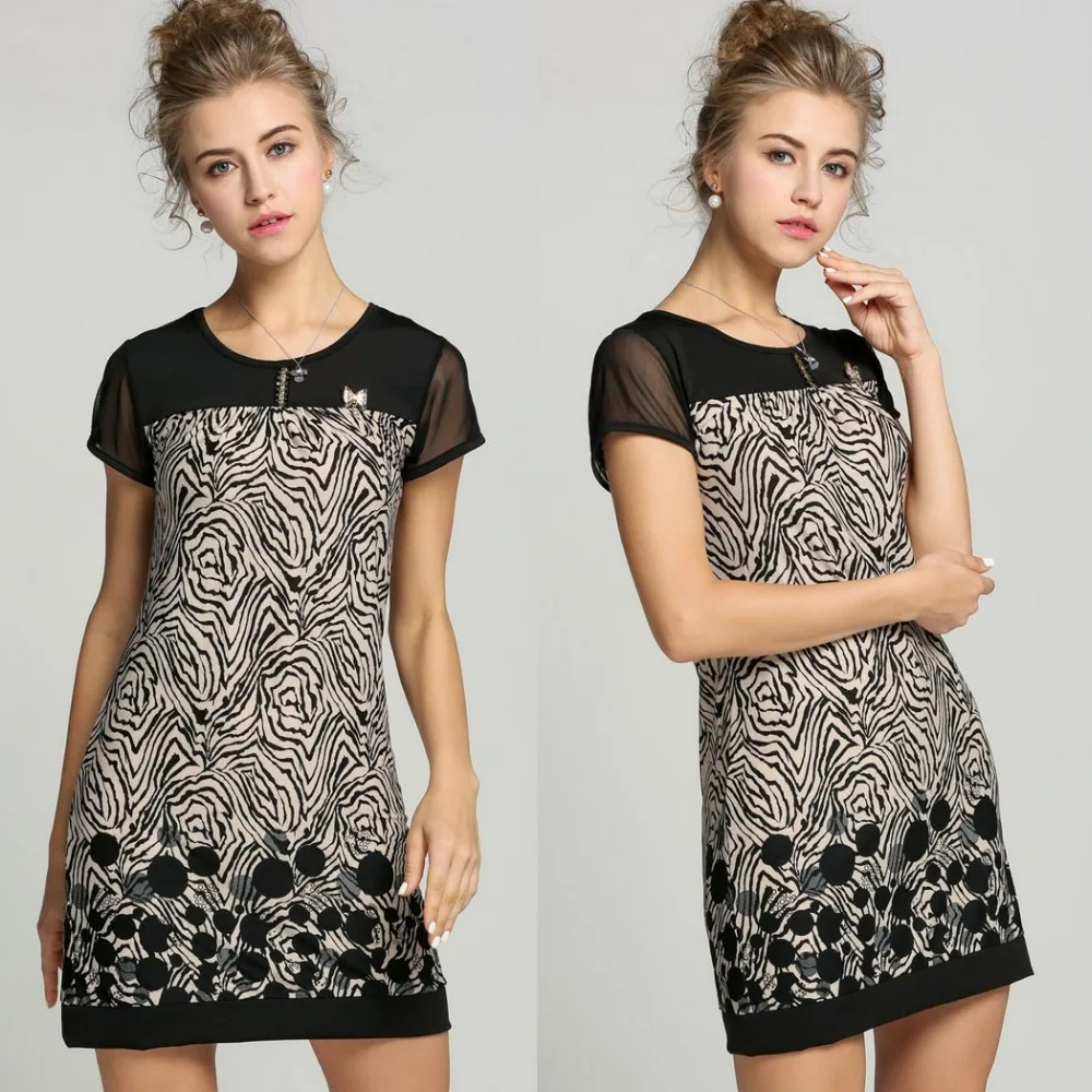2017 женские летние платья новый модные туфли пикантные сращивания костюм узор короткий рукав свободные