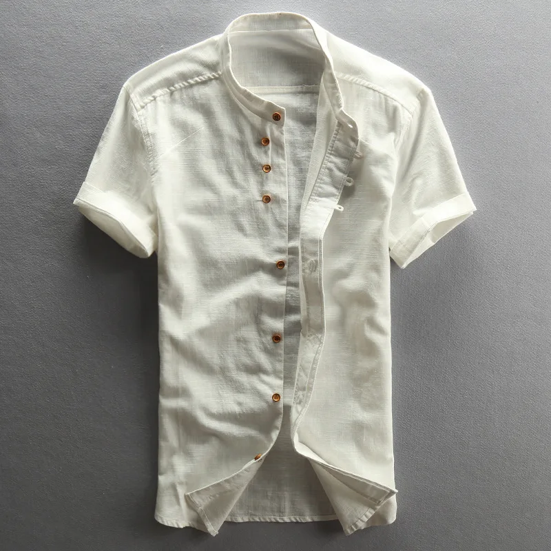 

2016 men's vintage Mandarin collar short sleeves cotton linen shirts white blue style thin summer shirt men casual shirts male