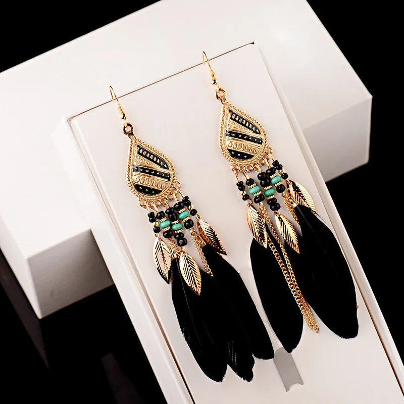 Boucles d'oreilles Jhumka pour femmes, nouvelle collection, ethnique, noir, plume, feuille, bohème, gitane, goutte d'eau, perles en métal, boucles d'oreilles indiennes pour dames, Kolczyki