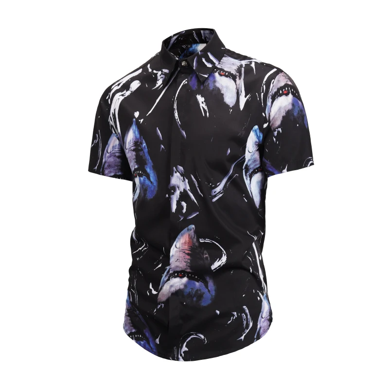 2019 New Mens Shirt Camisa Hawaiian Summer Printed Men Shirts Shark Random Slim Fit Short Sleeved 2