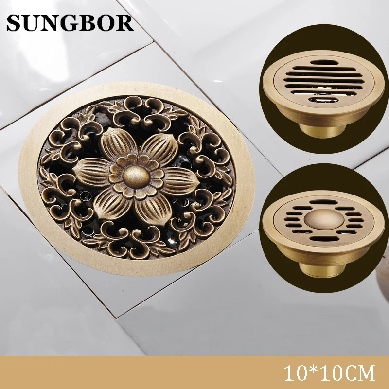 

Free Shipping Round 4" Antique Brass Floor Drain Bathroom 10*10cm Shower Drain Bathroom Waste Grate Drain DL-052F1