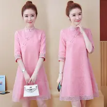 Винтажное китайское платье с коротким рукавом, платье Чонсам большого размера, новое весенне-летнее свободное повседневное женское платье миди, розовое платье f446