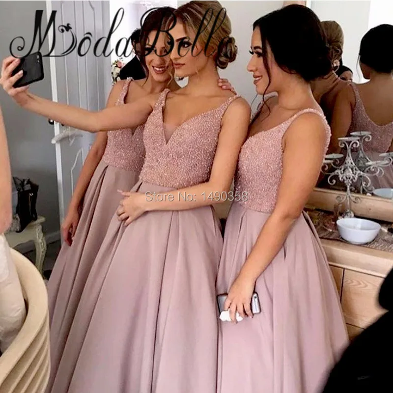 2017 Satin Dusty Pink Long font b Bridesmaid b font font b Dresses b font V