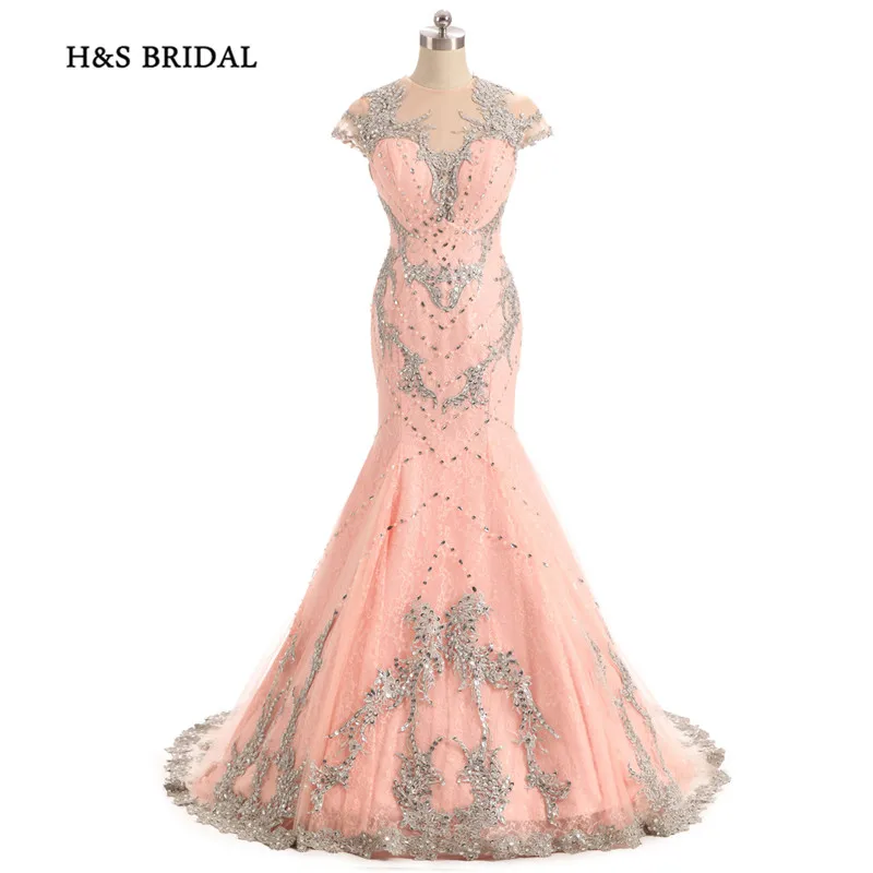 H&S BRIDAL 2017 New Arrival Pink Mermaid Cap Sleeves Evening Dresses Lace Sequins Sexy Back Prom Evening Gowns