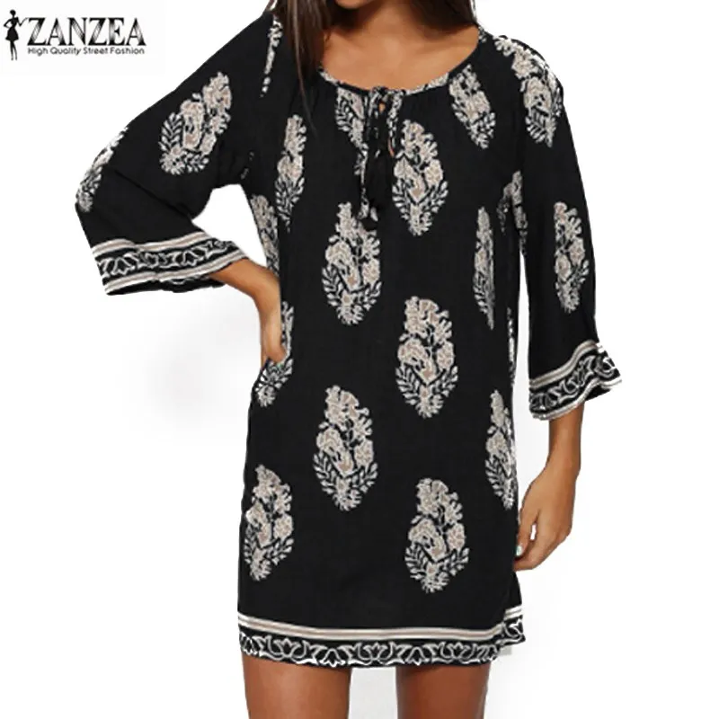 ZANZEA Этнические Ретро женские летние кружевные V шеи кисточкой цветочные 3/4 рукав вечерние мини платье размера плюс