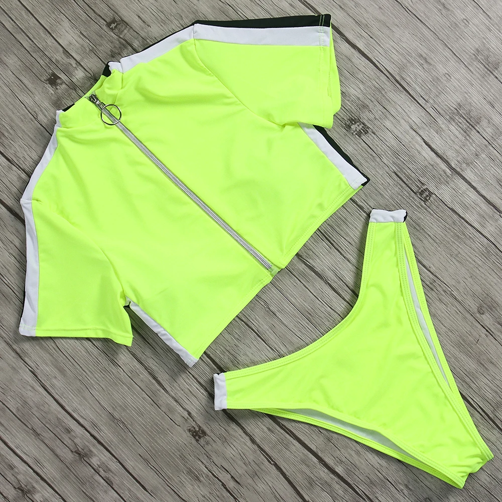 

Yellow Bikini 2018 Female Sports Style Bikini Zipper Swimsuit High Cut Women Swimwear With Sleeves Push Up Beachwear BathingSuit