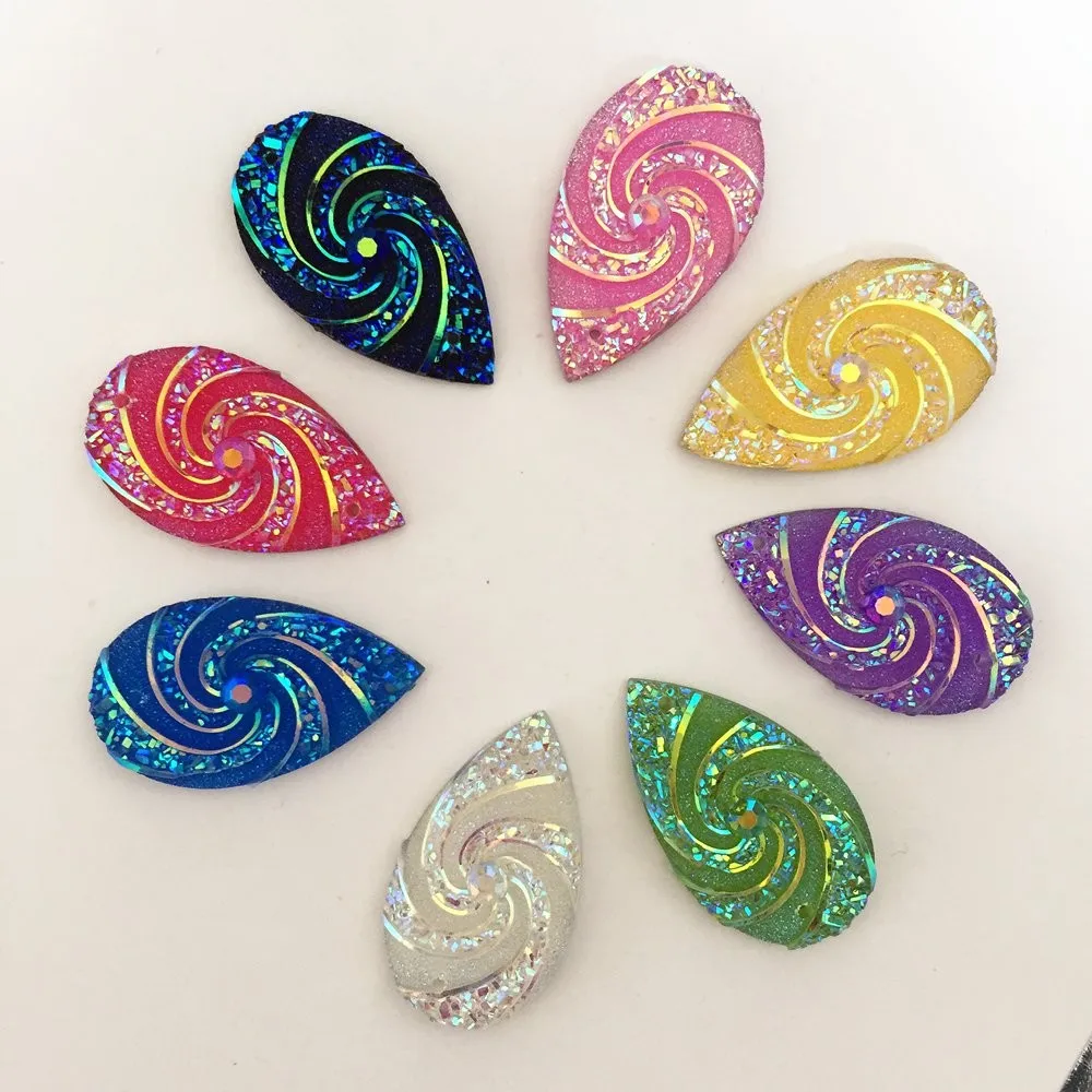 

20PCS AB Resin 16*30mm teardrop whirlwind flower Flatback Rhinestone Ornaments DIY Wedding appliques 2 hole buttons SD28*2