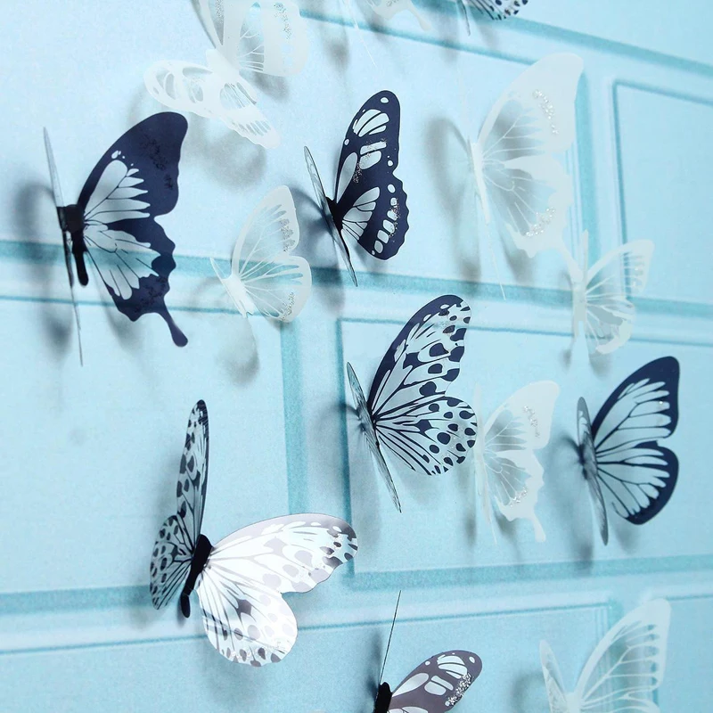 JX-LCLYL 18Pcs 3D PVC White&Black Butterfly Sticker Art Wall Decal Home Room Decor