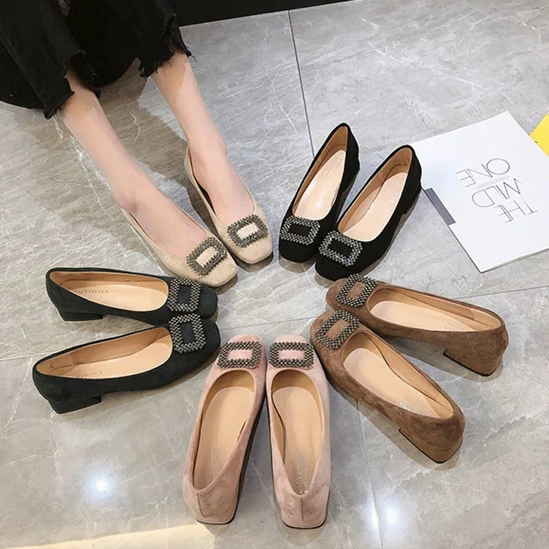 Square Head Shallow Mouth Single Shoes Female 2019 Spring New Buckle With a Pedal Ladies Thick Casual | Обувь