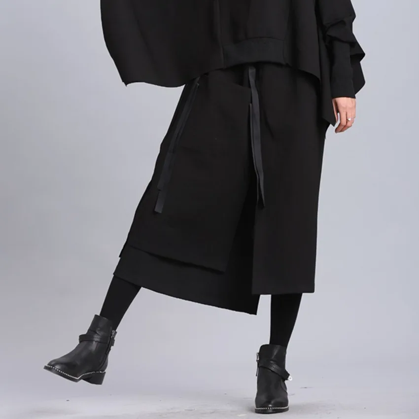 

LANMREM 2019 Women Irregular Fashion Ribbon Patchwork Elastic Waist A-line Skirt Female Solid Color Loose Bottoms Hot Sale TA707