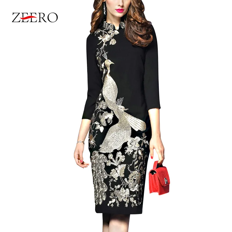 

New 2019 Formal Luxury Women Floral Embroidery Black Vintage Dress Spring OL Dress Stand Collar Pencil Bodycon Dress Plus Size