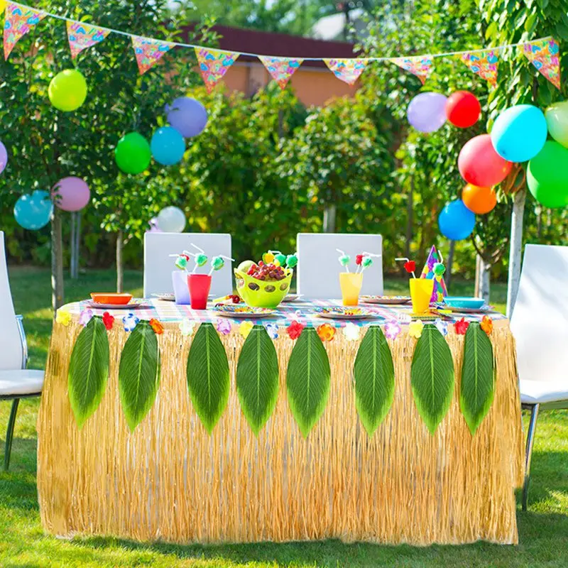 9ft 275CM Artificial Hibiscus Grass Table Skirt Hawaiian Tropical Luau Party Tableware Decoration Birthday Party Supplies Flower