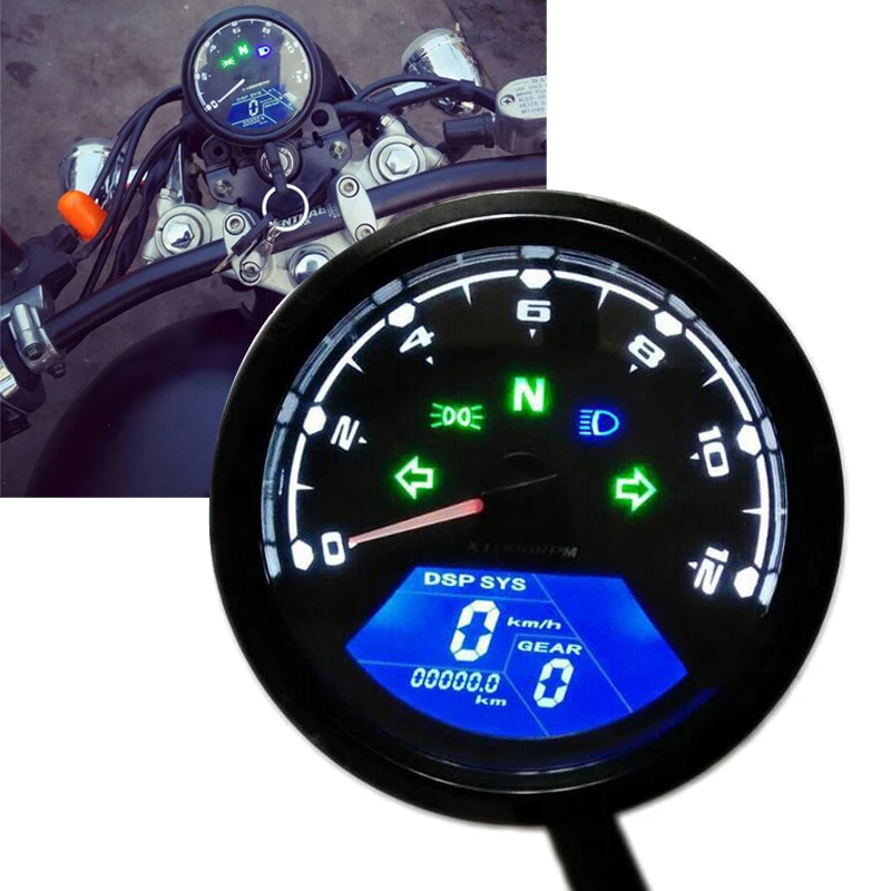 

12000 RMP km/h/mph Universal LCD Digital Odometer Speedometer Tachometer Gear indicator Fits For 1/2/4 Cylinders Motorcycle