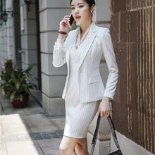 Формальные женские деловые костюмы с 2 шт комплект куртки и платья OL стили женский профессиональный костюм с пиджаком Модный Полосатый