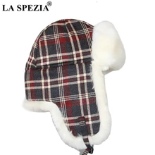 LA SPEZIA משובץ הצייד כובעי פרווה נשים כותנה מפציץ מגני אוזני כובע נשי סקי חיצוני רוסית חורף חם כובע עבור גבירותיי(China)