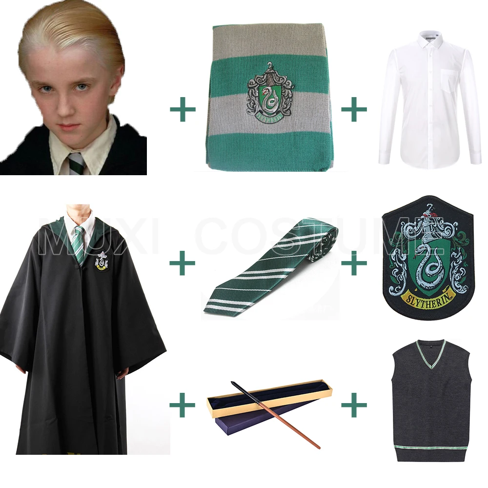 Slytherin Malfoy Robe плащ пуловер свитер рубашка шарф галстук значок металлический сердечник палочка Харрис костюм