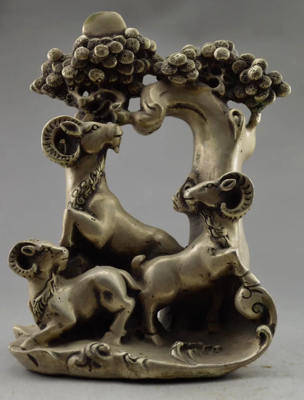 

Metal Crafts Collectible Decorated Old Tibet Silver 3 Sheep Under Tree Good Luck Come Statue old