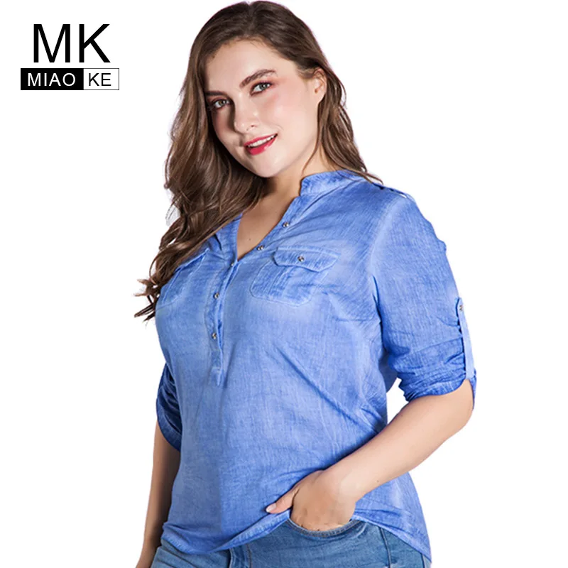 

Miaoke Plus Size blouse for women clothes 2018 summer Fashion Sleeve short-sleeved washed cotton blue Tops big size 4xl 5xl 6xl