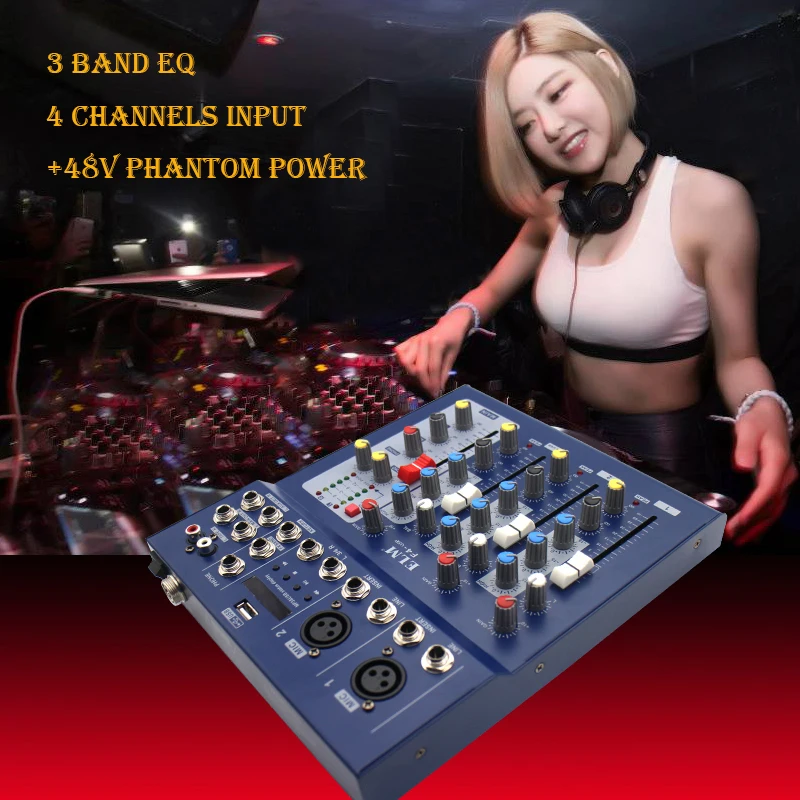 

MLLSE 4 Channel USB Small Karaoke Sound DJ Mixer with 48V Phantom Power for Home System Condenser Mike F4