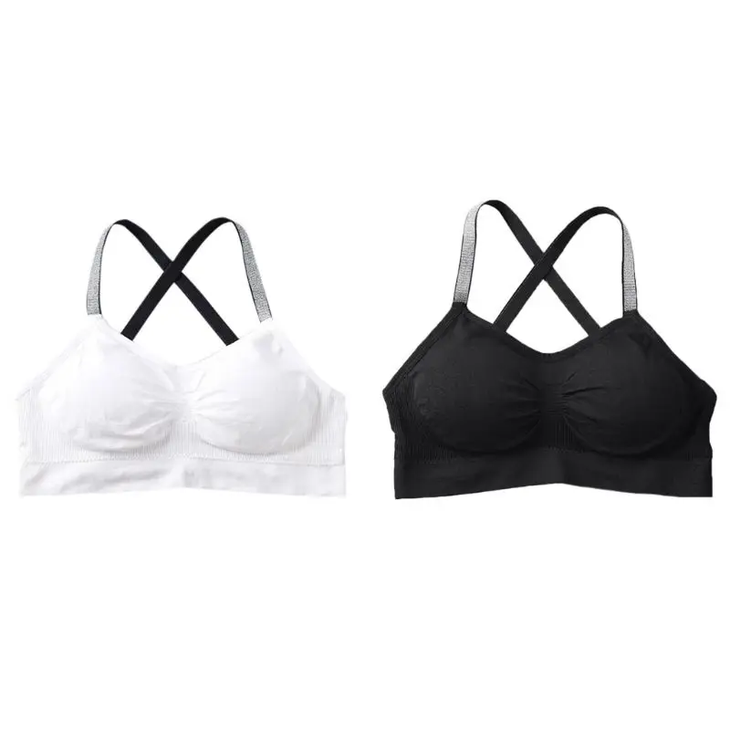 

Women Girls Sports Ruched Bra Sexy Hollow Silver Wire Cross Strap Crop Top Removable Padded Wireless Bralette Seamless
