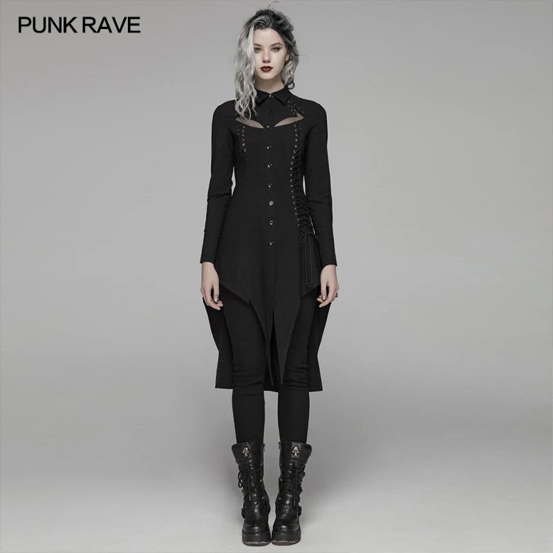 

PUNK RAVE Women Gothic Dark Long Shirt Elastic Dark-striped Shirt Material Slim Fit Irregular Design Personality Party Blouse