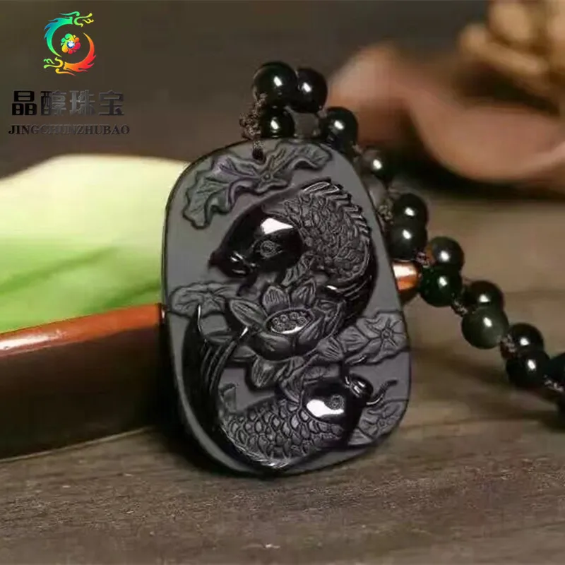 Jin Jewellery природных матирования черный обсидиан кулон тонкой работы cyprinus КАРПИО