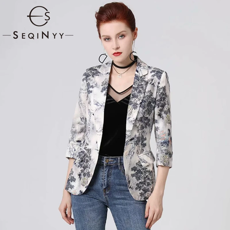 70% OFF SEQINYY Short Jacket 2020 Summer Spring New Fashion Design 3/4 Sleeve Ink Forest Printed Thin Casual  Women Linen Blazer