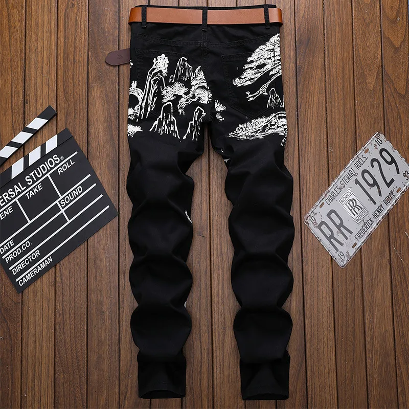 Повседневные джинсы с цветочным принтом, обтягивающие мужские брюки, джинсы джоггеры, мужские уличные брюки в стиле хип-хоп, одежда черного цвета WA110