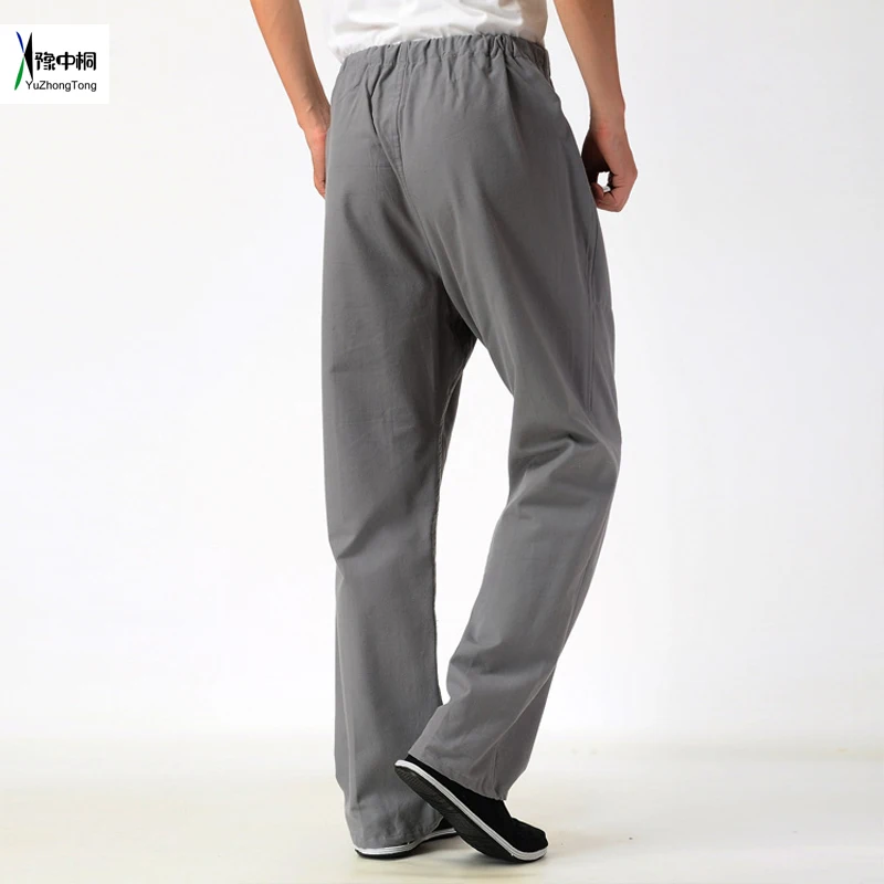 Серые мужские длинные брюки хлопок китайские традиционные кунг-фу брюки Wu Shu Tai Chi эластичные талии свободные длинные брюки YZT0806