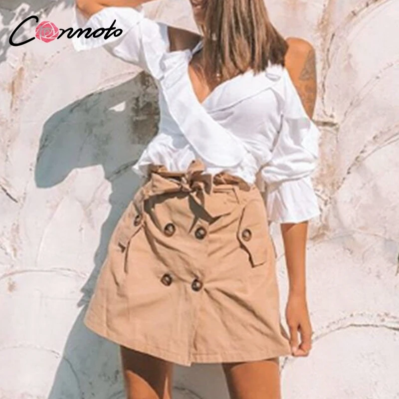 

Conmoto Ruffle Neck Long Sleeve Crop Top and Blouse Women White Sexy Off Shoulder Blouse Shirt Flare Sleeve Wrap Blusa Femininas