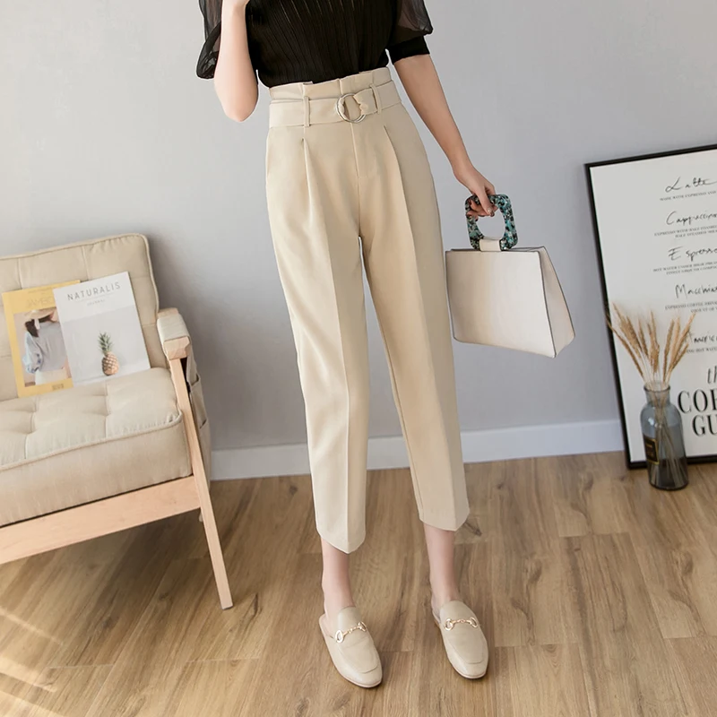 

Ankle-length suit pants female fashion korean striaght loose trousers women high waist elegant belted ladies office pantalones