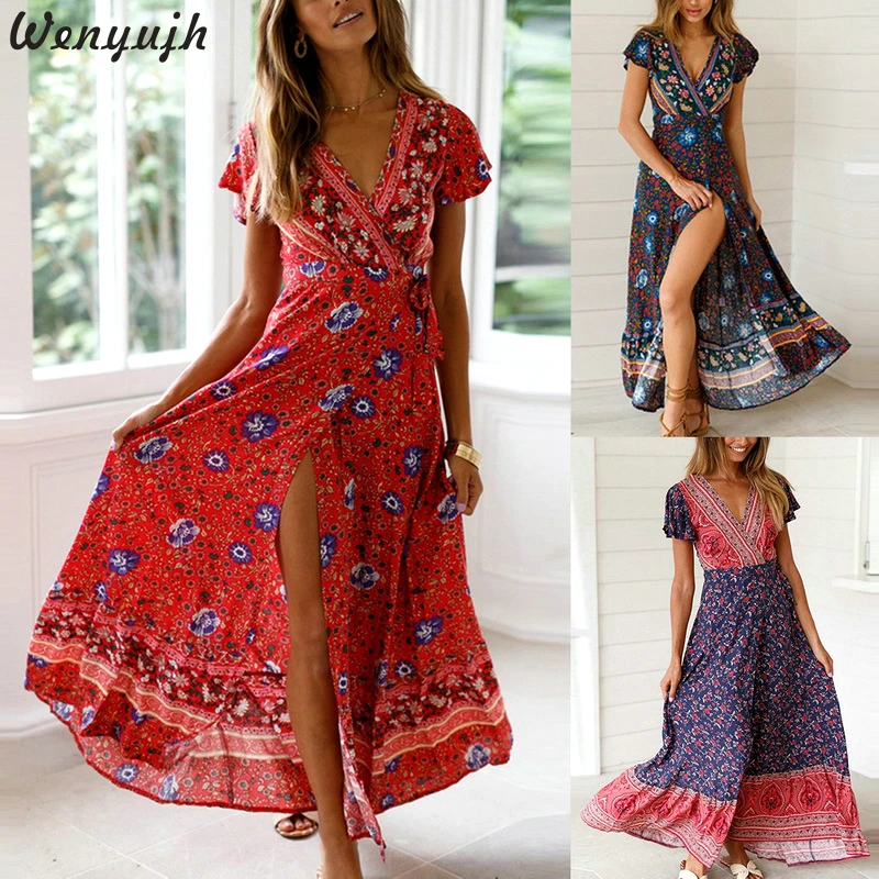 

Wenyujh Summer Women's Wrap Sexy Deep V Neck Ruffle Short Sleeve Bohemia Floral Print Long Dress Femal Loose Dress 2019