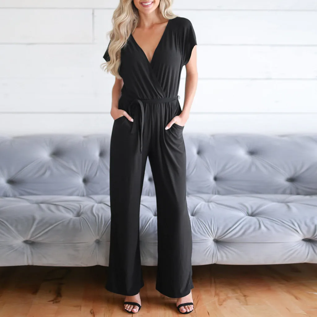 

Womail Women's Daily Jumpsuit Symmer Casual Fashion Solid Color Short Sleeve V-Neck Long Jumpsuits Rompers Ladies elegant Jun22