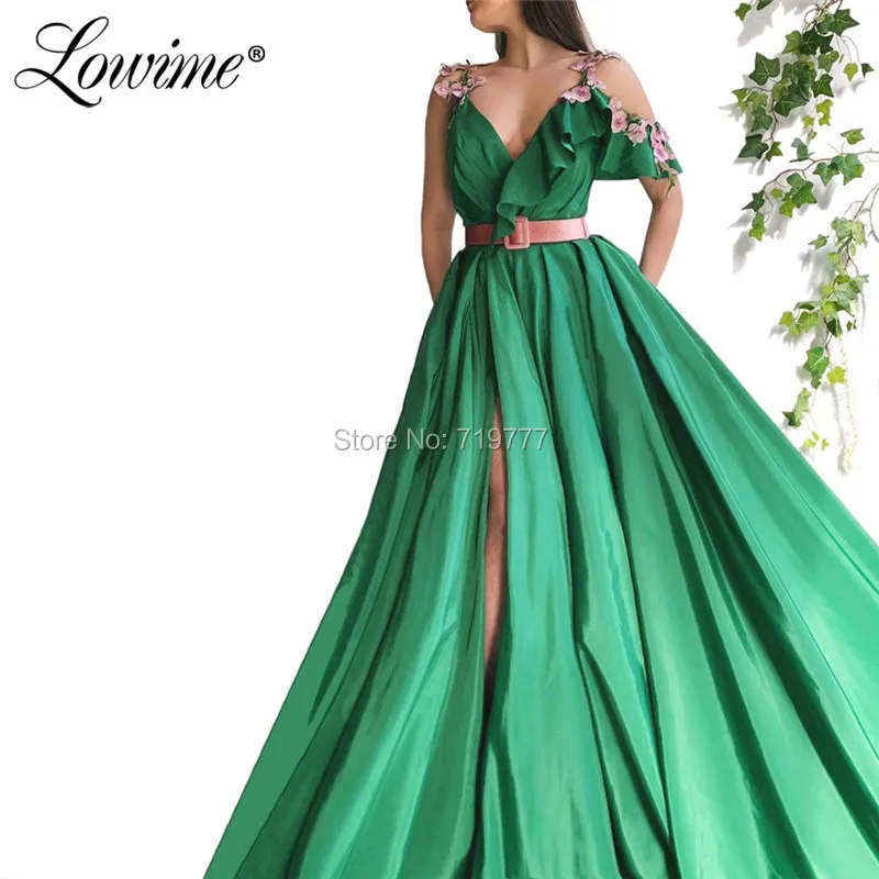 

Green One Shoulder Appliqued Prom Dresses 2019 Arabic Party Dress Robe De Soiree High Split Side Spaghetti Straps Evening Gowns