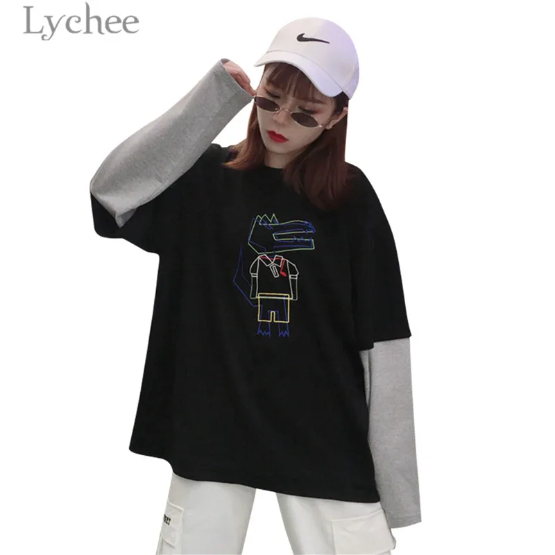 Lychee Harajuku Мультфильм крокодиловая вышивка Лоскутная Толстовка с круглым вырезом