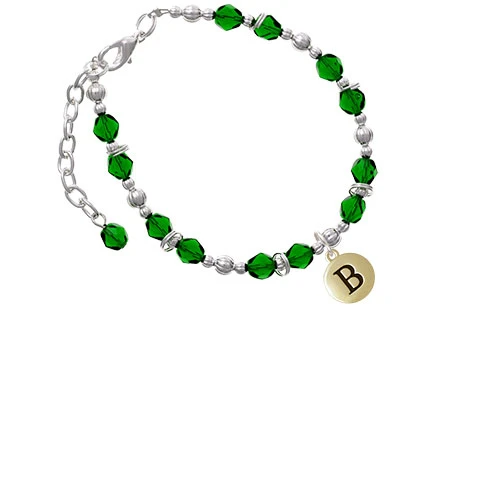 Goldtone Capital Letter - B - Pebble Disc - Green Beaded Bracelet