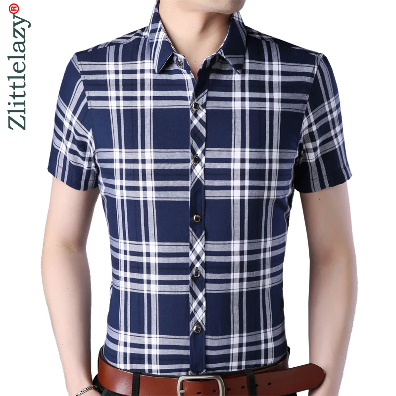 

2019 new shirt men fashions clothes dress short sleeve casual slim fit plaid mens shirts streetwear camisa social masculina 9689