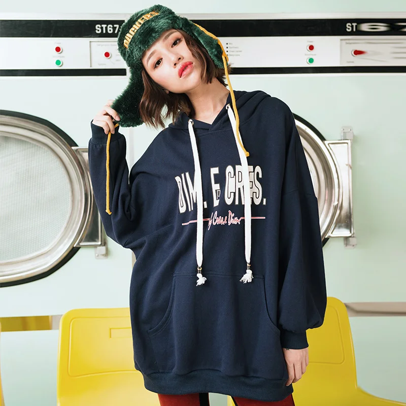 

Autumn Women Vintage Streetwear Casual Ultra Loose Hoodies Ladies Letter Print Long-Sleeve Hooded Knitted Cotton Long Sweatshirt