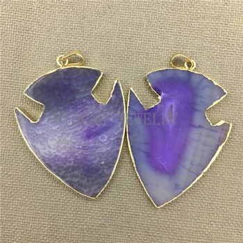 

MY0319 Big Purple Arrow Onyx Lace Necklace Pendant,Arrow Dragon Agates Stone Pendant Charm,with Pure Gold Color Edge and Bail